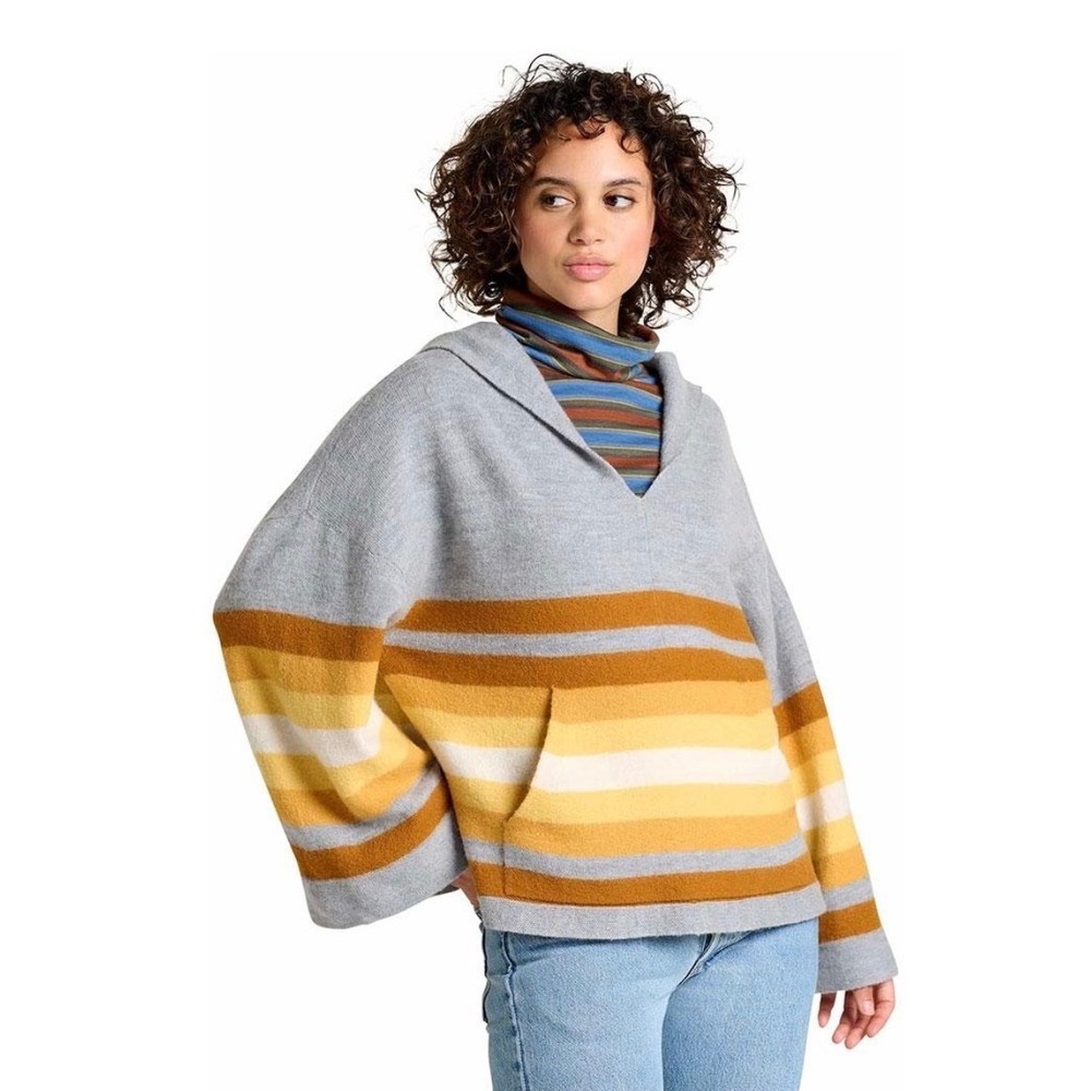 Toad & Co Womens Heartfelt Poncho Acorn Stripe 100% Wool Hooded Sweater XS
